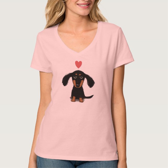 Niedlicher Dackel-Welpe mit Valentine-Herzen T-Shirt (Vorderseite)