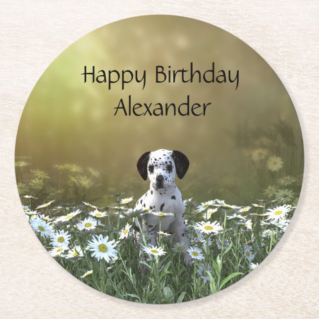 Niedlicher Dalmatiner Welpe in Daisies Runder Pappuntersetzer (Vorderseite)