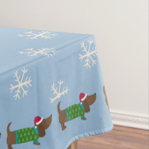 Niedlicher Daschund und Snowflakes Blau Illustrier Tischdecke