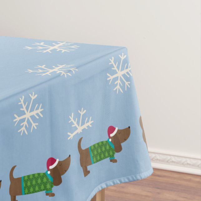 Niedlicher Daschund und Snowflakes Blau Illustrier Tischdecke (Beispiel)