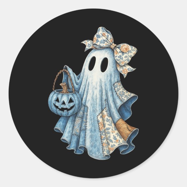 Niedlicher Denim Ghost mit Blumenkeule Halloween-Ä Runder Aufkleber (Vorderseite)