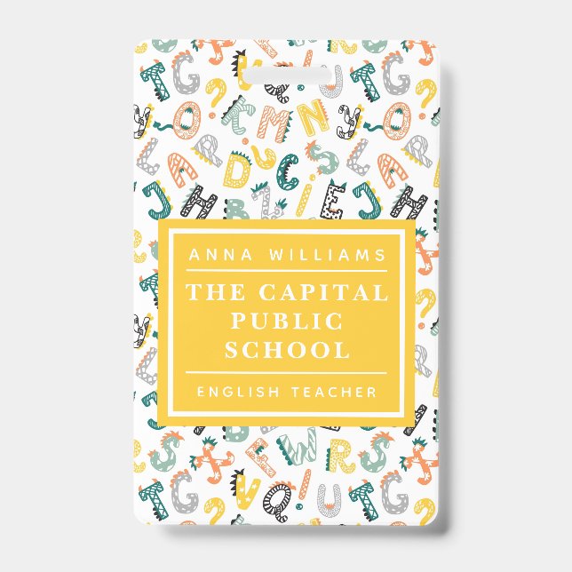 Niedlicher Dino Alphabet Grundschullehrer Name Ausweis (Vorderseite)