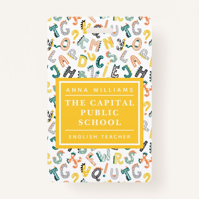 Niedlicher Dino Alphabet Grundschullehrer Name Ausweis (Vorderseite)