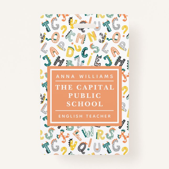 Niedlicher Dino Alphabet Grundschullehrer Name Ausweis (Vorderseite)