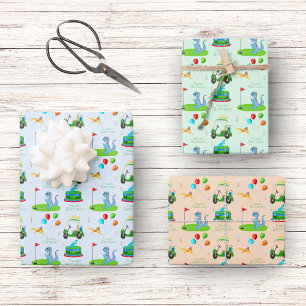 Niedlicher Dinosaur Golf Themenkids glücklich Gebu Geschenkpapier Set