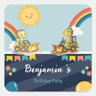 Niedlicher Dinosaurier Bagger Traktor Regenbogen G Quadratischer Aufkleber