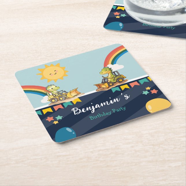 Niedlicher Dinosaurier Bagger Traktor Regenbogen G Rechteckiger Pappuntersetzer (angewinkelt)