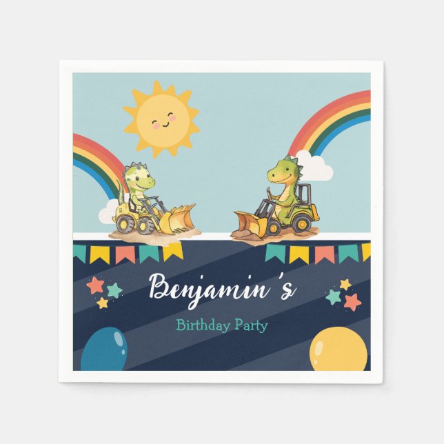 Niedlicher Dinosaurier Bagger Traktor Regenbogen G Serviette (Vorderseite)