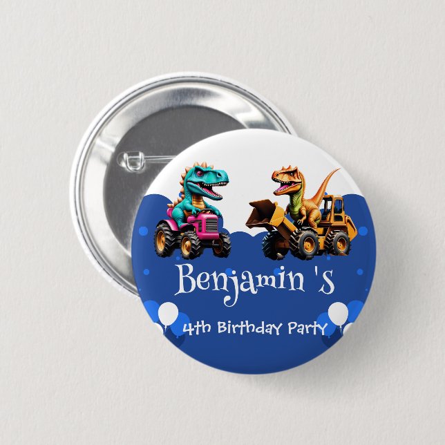 Niedlicher Dinosaurier Bagger Traktorballon Geburt Button (Vorne & Hinten)