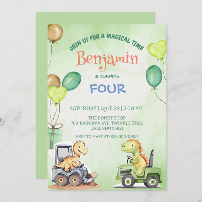 Niedlicher Dinosaurier Bagger Traktorballon Geburt Einladung (Vorne/Hinten)