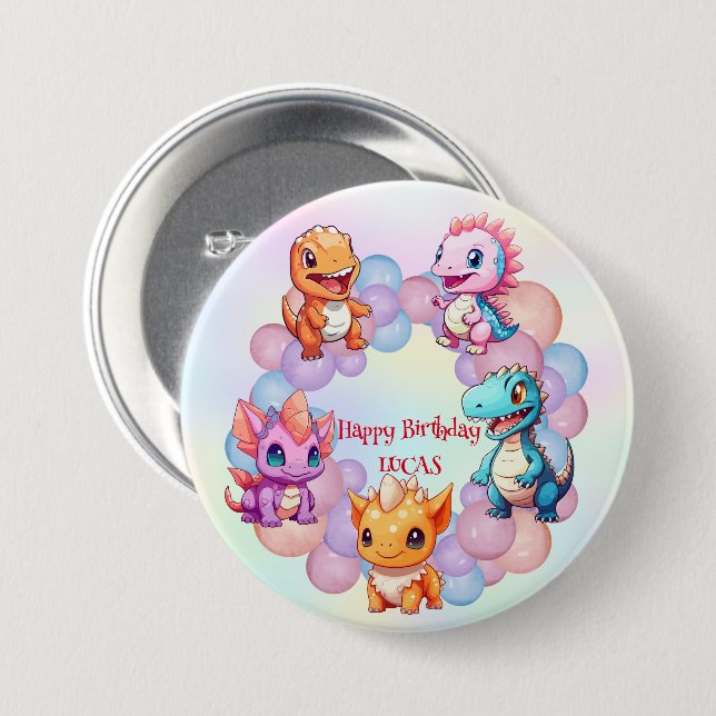 Niedlicher Dinosaurier Ballon School Kindergeburts Button (Vorne & Hinten)