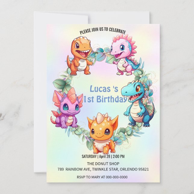 Niedlicher Dinosaurier Ballon School Kindergeburts Einladung (Vorderseite)