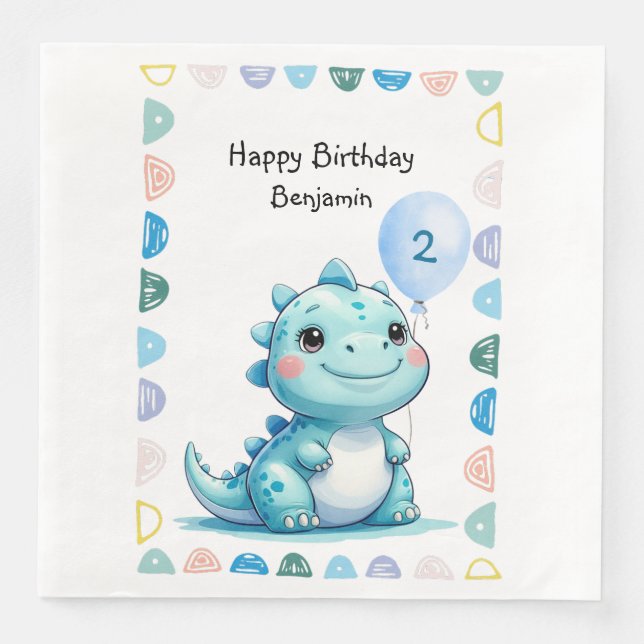 Niedlicher Dinosaurier brüllt Junge Happy Geburtst Serviette (Vorderseite)