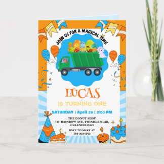 Niedlicher Dinosaurier bunter Müllwagen Geburtstag Einladung