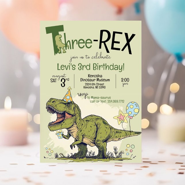 Niedlicher Dinosaurier Cartoon Drei-Rex-Party Einladung (Cute Cartoon T-Rex Dinosaur wearing a birthday hat, Three-Rex 3rd birthday party invitation, green)