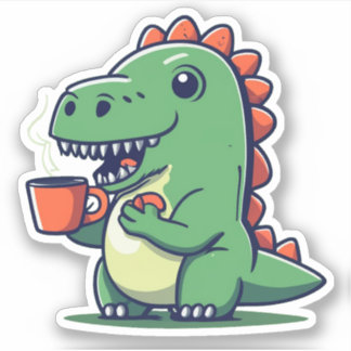 Niedlicher Dinosaurier, der eine Tasse Kaffee hält Aufkleber
