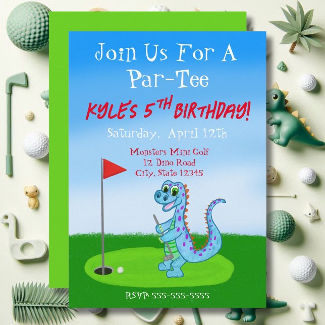 Niedlicher Dinosaurier Golf Thema 5. Geburtstag Einladung (Von Creator hochgeladen)