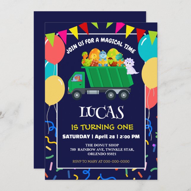 Niedlicher Dinosaurier Grüner Müllwagen Geburtstag Einladung (Vorne/Hinten)