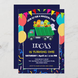 Niedlicher Dinosaurier Grüner Müllwagen Geburtstag Einladung