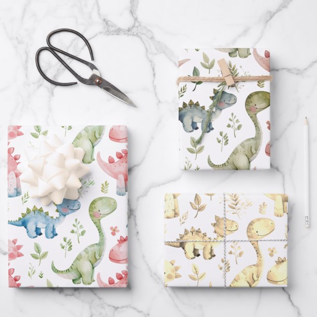 Niedlicher Dinosaurier-Kindergeburtstag Geschenkpapier Set (Vorderseite)