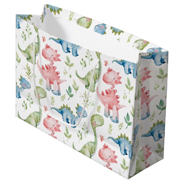 Niedlicher Dinosaurier-Kindergeburtstag Große Geschenktüte (Vorderseite Schrägansicht)