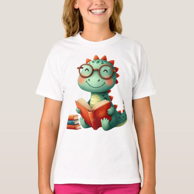 Niedlicher Dinosaurier mit Brillenbüchern zurück z T-Shirt (Vorderseite)