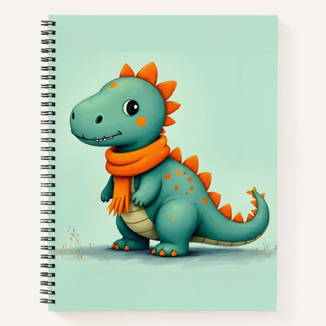 Niedlicher Dinosaurier mit einem Orangen Scarf Notizbuch (Vorderseite)