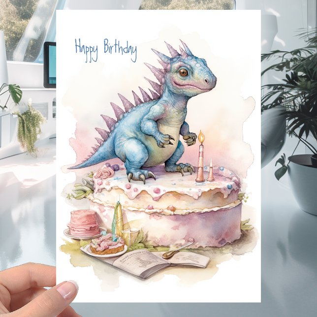 Niedlicher Dinosaurier mit Kuchen - Kindergeburtst Karte (Von Creator hochgeladen)