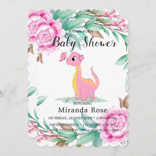 Niedlicher Dinosaurier mit Pink Peony Baby Girl Du Einladung (Vorne/Hinten)