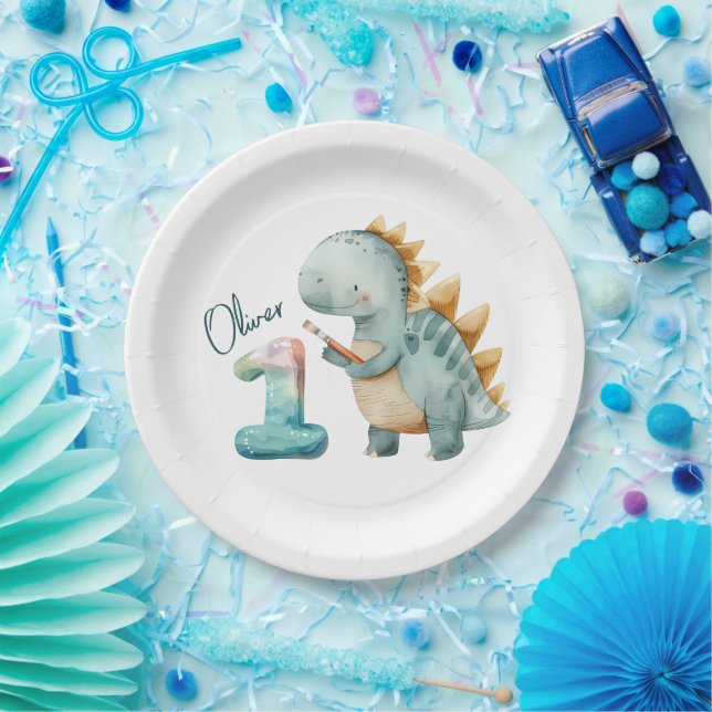 Niedlicher Dinosaurier mit Pinsel 1. Geburtstag Pappteller (Party)