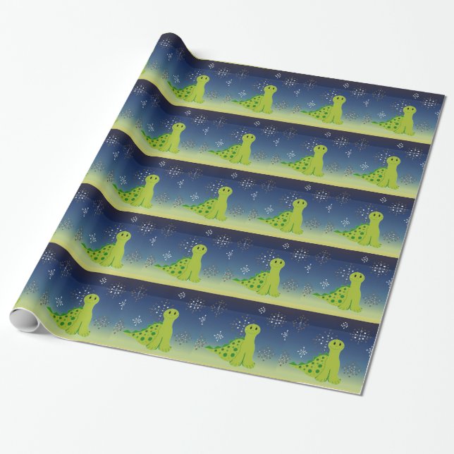 Niedlicher Dinosaurier mit Schneeflocken Geschenkpapier (Ungerollt)