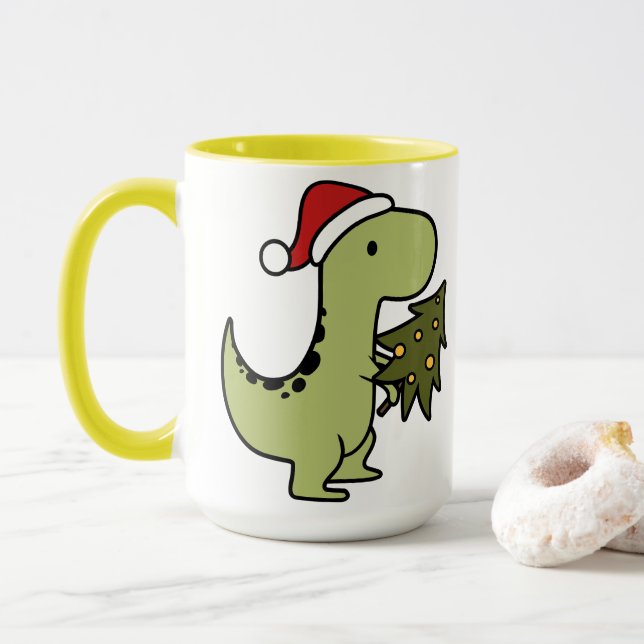 Niedlicher Dinosaurier mit Weihnachtsbaum Tasse (Mit Donut)