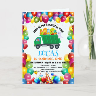 Niedlicher Dinosaurier Müllwagen Ballon Geburtstag Einladung