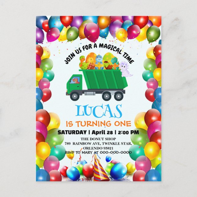 Niedlicher Dinosaurier Müllwagen Ballon Geburtstag Einladungspostkarte (Vorderseite)