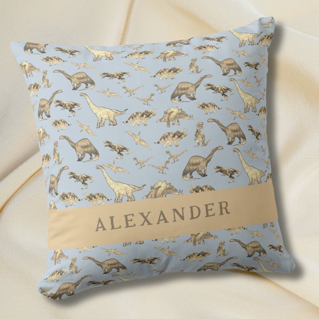 Niedlicher Dinosaurier Personalisierter Name Blau Kissen (Cute dinosaur pattern personalized name blue pillow baby Boys Jurassic dino bedroom home decor)