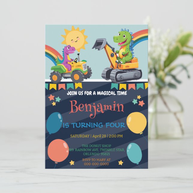 Niedlicher Dinosaurier-Traktor-Ballonfahrer Schule Save The Date (Stehend Vorderseite)