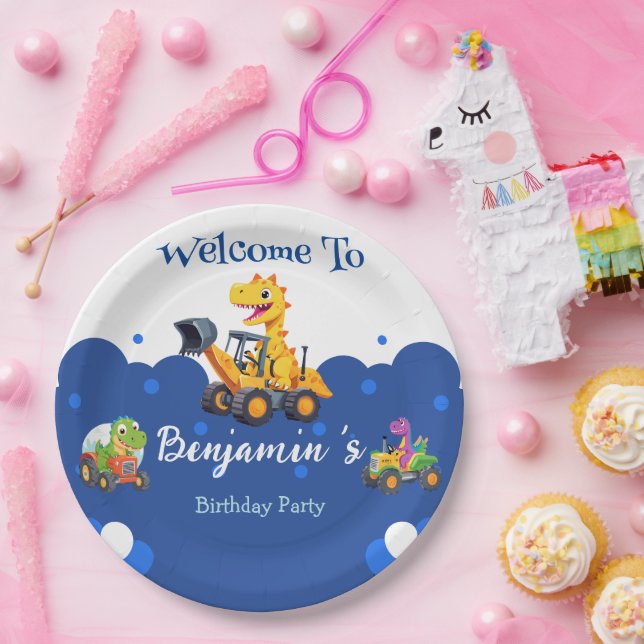 Niedlicher Dinosaurier-Traktor-Hubballon Geburtsta Pappteller (Party)