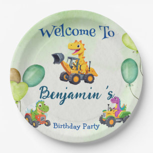 Niedlicher Dinosaurier-Traktor-Hubballon Geburtsta Pappteller