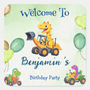 Niedlicher Dinosaurier-Traktor-Hubballon Geburtsta Quadratischer Aufkleber