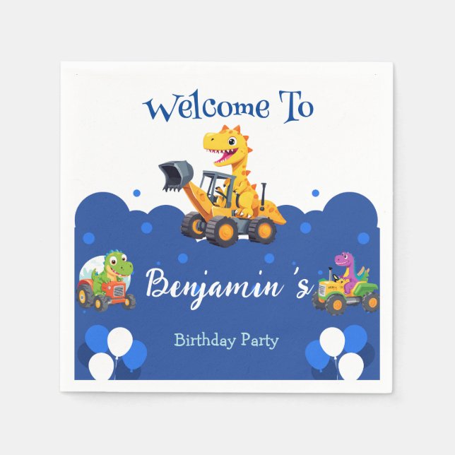 Niedlicher Dinosaurier-Traktor-Hubballon Geburtsta Serviette (Vorderseite)