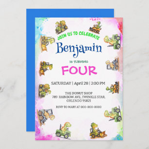 Niedlicher Dinosaurier-Traktor Rainbow B2S School  Einladung