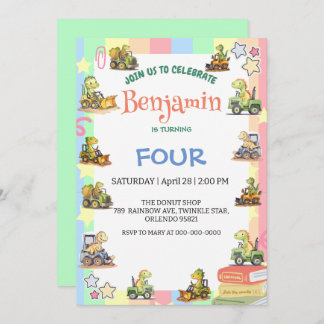 Niedlicher Dinosaurier-Traktor Rainbow B2S School  Einladung