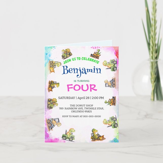 Niedlicher Dinosaurier-Traktor Rainbow B2S School  Einladung (Vorderseite)