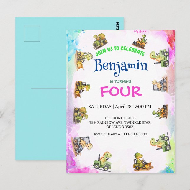 Niedlicher Dinosaurier-Traktor Rainbow B2S School  Postkarte (Vorne/Hinten)