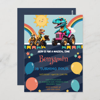 Niedlicher Dinosaurier Traktor Rainbow Ballon Birt Postkarte