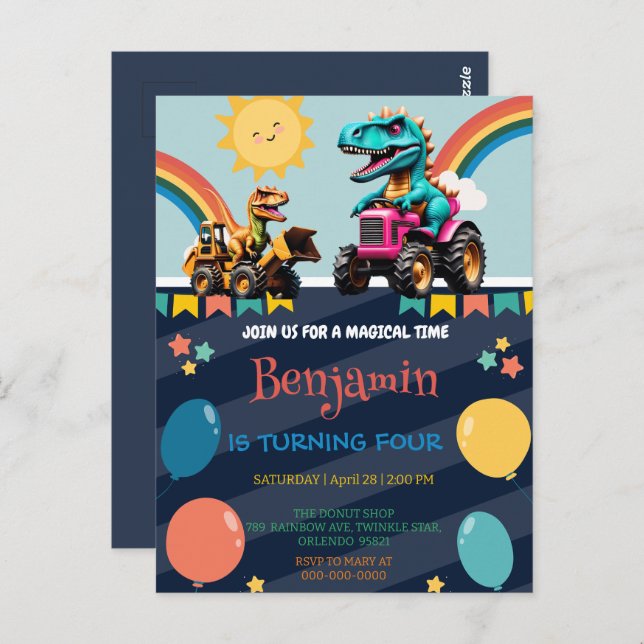 Niedlicher Dinosaurier Traktor Rainbow Ballon Birt Postkarte (Vorne/Hinten)