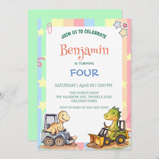 Niedlicher Dinosaurier-Traktor Rainbow-Ballon Gebu Einladung (Vorne/Hinten)