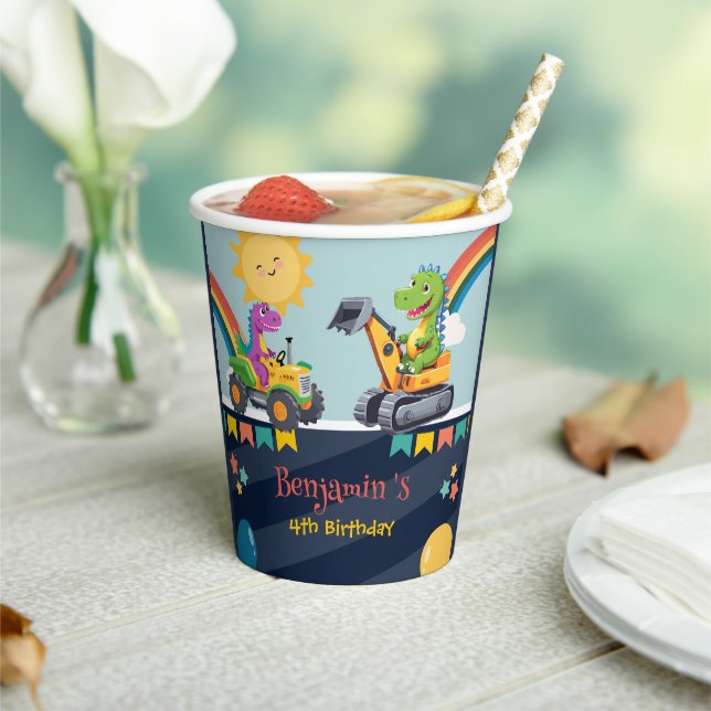 Niedlicher Dinosaurier-Traktor Rainbow-Ballon HBD Pappbecher (In Situ)