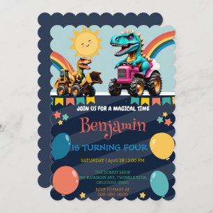 Niedlicher Dinosaurier-Traktor Regenbogen Geburtst Save The Date
