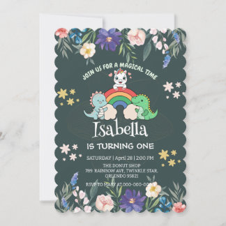 Niedlicher Dinosaurier Unicorn Regenbogen Blumenge Einladung